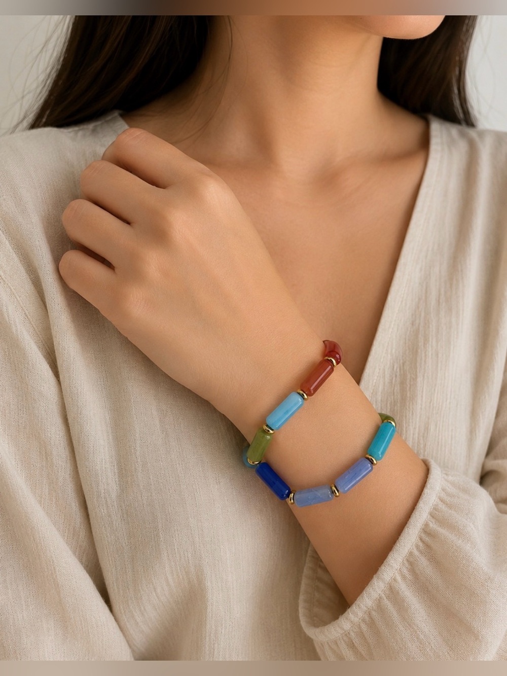 460: Multicolor Beaded Cylinder Bracelet Gold Accents

One Bracelet per purchase